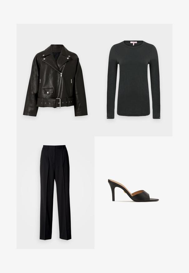 Zwarte leren motorjack met rits- en drukknoopdetails, brede kraag, voorzakken en een taille met ceintuur. Gestructureerde afwerking met een moderne snit.; rag & bone THE SLUB - Longsleeve - black; Zwarte, op maat gemaakte broek met een hoge taille, plooien en een wijde pijp. Gemaakt van gladde stof, met een vlakke voorkant en lussen voor een riem.; Zwarte open teen hoge hakken met een glad leren bovenwerk, amandelfront en een slanke stilettohak. Goudkleurige accentdetails zichtbaar.