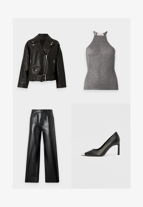 Veste de motard en cuir noir avec détails zippés et à boutons-pression, col large, poches avant et taille ceinturée. Finition texturée avec une coupe moderne.; Top halter gris en textile côtelé, présentant une silhouette ajustée et un col montant avec des côtés ouverts. Étiquette de la marque visible au niveau du cou.; Pantalon large en fausse cuir noir à taille haute avec bouton frontal, fermeture éclair et poches à l'avant et à l'arrière sur fond gris clair.; Chaussure à talon haut en cuir noir avec bout pointu et capuchon argenté métallique. Présente une finition lisse et un talon fin de 10 cm.