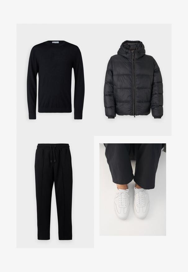 Schwarze Daunenjacke mit Reißverschlussfront, Kapuze und elastischen Bündchen. Verfügt über horizontal genähte Paneele zur Isolierung. Glattes, glänzendes Material.; Schwarzer Pullover mit langen Ärmeln und Rundhalsausschnitt, mit gerippten Bündchen und Saum, vor weißem Hintergrund präsentiert.; Schwarze Sweatpants mit Kordelzug, elastischem Bund und dezenten Nahtdetails an der Vorderseite, vor einem weißen Hintergrund präsentiert.; Weiße Ledersneaker mit glatter Textur, runder Zehenform und klassischem Schnürsystem, platziert über dunklen, locker sitzenden Hosen.