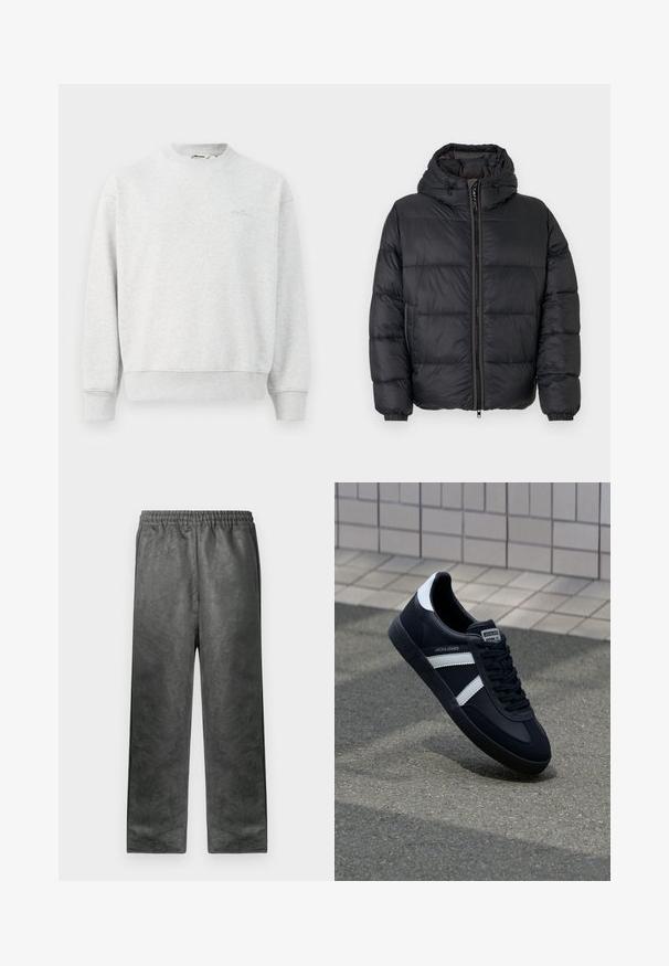 Schwarze Daunenjacke mit Reißverschlussfront, Kapuze und elastischen Bündchen. Verfügt über horizontal genähte Paneele zur Isolierung. Glattes, glänzendes Material.; Grauer Pullover mit Rundhalsausschnitt, gerippten Bündchen und Saum. Hergestellt aus einem weichen Stoff, mit einem kleinen Logo auf der Brust.; Graue, leichte Sweatpants mit weicher Textur, elastischem Bund und Seitentaschen, die für Komfort mit geradem Bein geschnitten sind.; Schwarze Leder-Sneaker mit weißen Streifen, strukturiertem Gummisohle und Schnürung. Verfügt über ein Markenetikett auf der Zunge.