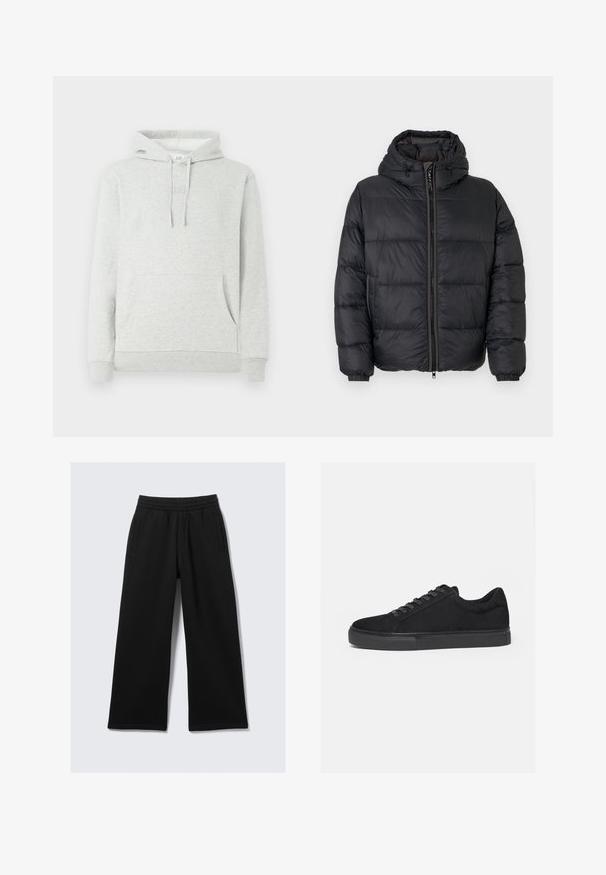 Chaqueta acolchada negra con cremallera frontal, capucha y puños elásticos. Presenta paneles cosidos en horizontal para aislamiento. Tejido suave y brillante.; Sudadera gris claro con capucha ajustable, bolsillo delantero, puños y dobladillo acanalados, y un sutil logo grabado en el pecho.; Pantalones negros de pierna ancha con cintura elástica, dos bolsillos laterales y una textura suave. Diseñados para brindar comodidad y facilidad de movimiento.; Zapatilla deportiva negra de corte bajo con cordones delanteros y suela de goma plana, mostrada de lado sobre un fondo blanco.