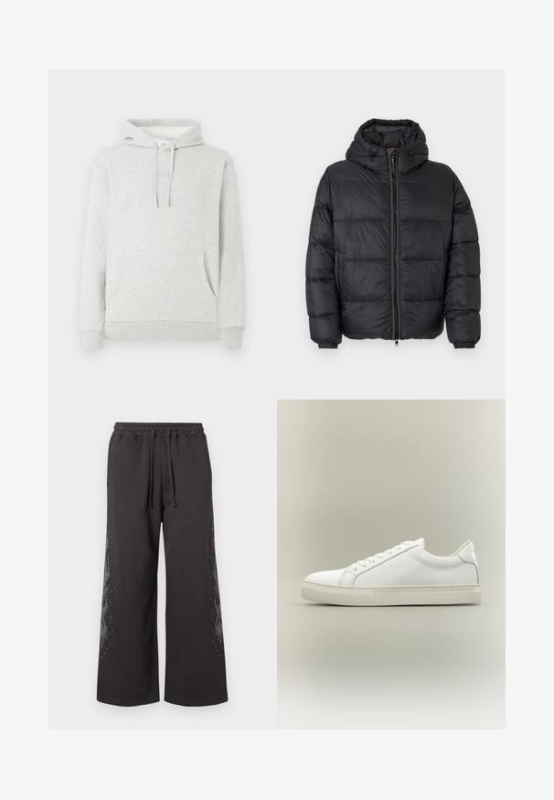 Doudoune noire avec fermeture éclair sur le devant, capuche et poignets élastiques. Présente des panneaux cousus horizontalement pour l'isolation. Tissu lisse et brillant.; Sweat à capuche gris clair avec cordon de serrage, poche avant, manches et ourlet côtelés, avec un logo subtil embossé sur la poitrine.; Pantalons de survêtement larges noirs avec une taille élastique, présentant un motif de flamme sur le côté en gris, agrémenté de petits strass.; Baskets blanches basses à lacets sur l’avant et semelle épaisse, vues de côté sur un fond neutre.