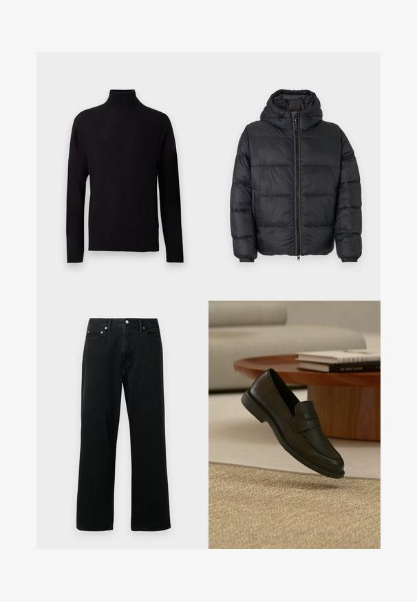 Sort puffer-jakke med lynlås foran, hætte og elastiske manchetter. Har horisontale sømmede paneler til isolering. Glat, skinnende stof.; Sort strikket langærmet rullekrave sweater med ribstrikkede manchetter, kant og hals, vist på en lys grå baggrund.; Sorte denimjeans med lige ben, fem-lomme design, metalnitter og knaplukning. Stoffet har en blød tekstur med minimal falming.; Sort læderloafer vist i luften over en beige vævet tæppe, med et træbord og stablede bøger i et blødt oplyst stue.