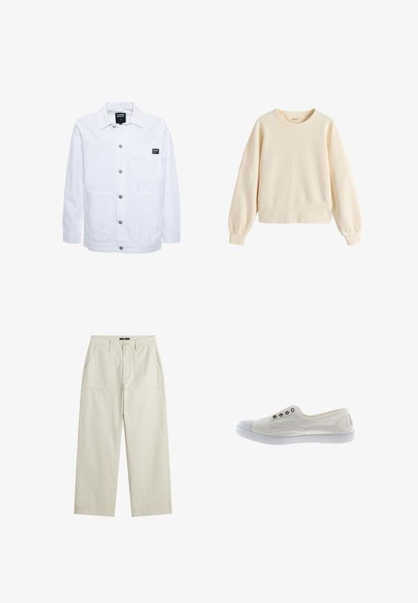 Dr.Denim INA WORKER - Lichte jas - white; Sweater in roomkleur met ronde hals, lange ballonmouwen en geribde boorden en zoom, eenvoudige casual stijl.; Brede, crèmekleurige broeken gemaakt van gestructureerde stof. Voorzien van twee voorkruiszakken en een knoopsluiting. Rechte snit aan de zoom.; Witte lage canvas sneakers met rubberen zool en neuskap, met vier metalen oogjes aan de zijkant, weergegeven in het rechterprofiel.