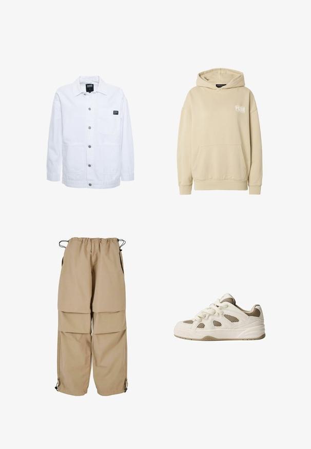 Dr.Denim INA WORKER - Leichte Jacke - white; Beige Kapuzensweatshirt mit Kängurutasche vorne und weißem "PGDR"-Logo auf der linken Brust, ausgestattet mit gerippten Bündchen und Saum.; Beige Cargo-Hosen mit elastischem Bund, geschichteter Optik und seitlichen Taschen. Verfügt über verstellbare Bündchen mit Toggle-Verschlüssen für eine anpassbare Passform.; Weißes und beiges Sneaker mit Netzpaneelen, runder Zehenpartie, dicke Sohle und Schnürdesign. Verfügt über strukturierte Akzente und gemusterte Profilsohle.