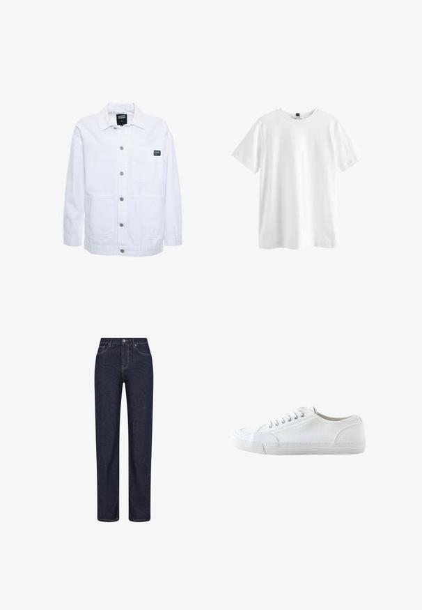 Dr.Denim INA WORKER - Veste légère - white; T-shirt blanc uni à manches courtes et col rond avec une étiquette noire à l’intérieur du col, présenté à plat sur un fond blanc.; Jean denim bleu foncé à coupe droite, avec poches avant, passants de ceinture et fermeture par bouton à la taille.; Baskets basses blanches en toile avec lacets blancs et semelle en caoutchouc, vues de côté sur fond blanc.