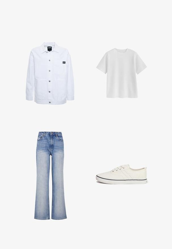 Dr.Denim INA WORKER - Leichte Jacke - white; Schlichtes weißes T-Shirt mit kurzen Ärmeln und Rundhalsausschnitt, regulärer Passform und glatter Stoffstruktur auf weißem Hintergrund.; Hellblaue Denim-Weite-Bein-Jeans mit hoher Taille, Knopfverschluss, subtilen Verwaschungen und klassischem Fünf-Taschen-Design.; Weiße Leinenschuhe mit einem flachen Design, runder Zehenpartie, sechs Ösen, marineblauem Akzentstreifen und strukturiertem Gummisohlen.