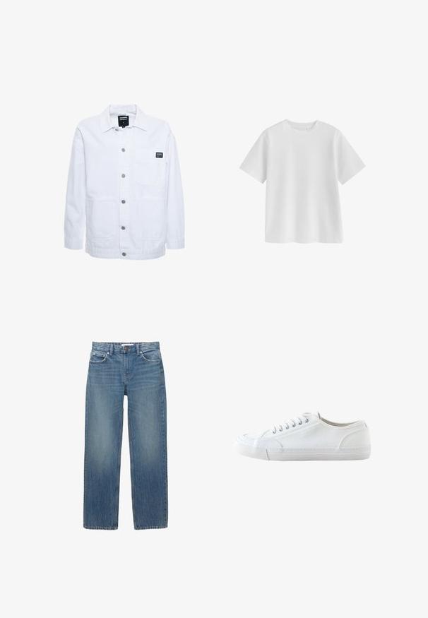Dr.Denim INA WORKER - Veste légère - white; T-shirt blanc uni à manches courtes et col rond, coupe régulière et texture de tissu lisse sur fond blanc.; Jeans en denim bleu clair à coupe droite, avec cinq poches et des éléments en métal de couleur cuivrée. Le tissu présente une légère décoloration et une texture douce.; Baskets basses blanches en toile avec lacets blancs et semelle en caoutchouc, vues de côté sur fond blanc.