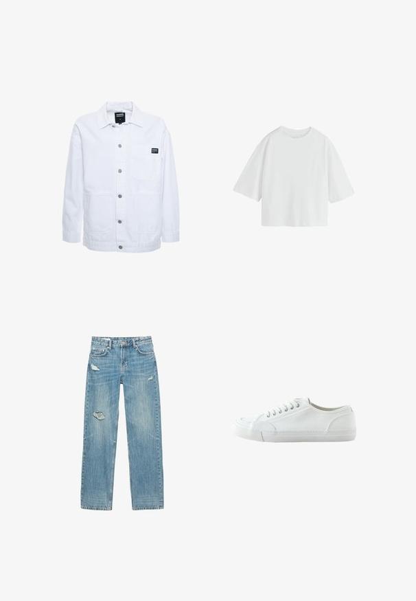 Dr.Denim INA WORKER - Leichte Jacke - white; Schlichtes weißes oversized T-Shirt mit kurzen Ärmeln, rundem Ausschnitt und lockerem Schnitt.; Hellblaue, gerade geschnittene Jeans aus Denim. Besitzt ausgefranste Risse an der Vorderseite, einen verblassten Stoff und fünf Taschen mit Metallbeschlägen.; Weißer Canvas-Sneaker mit niedrigem Schaft, Schnürung vorne, Gummisohle und strukturiertem Zehenkappen, gezeigt von der Außenseite vor weißem Hintergrund.
