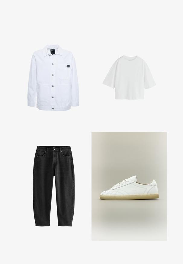 Dr.Denim INA WORKER - Veste légère - white; T-shirt écru oversize à manches courtes, col rond et coupe ample.; Jean en denim noir avec une coupe décontractée, présentant un design classique à cinq poches, un bouton de fermeture et des détails de couture subtils.; Baskets basses en cuir blanc avec semelle beige, lacets et motifs cousus subtils sur fond neutre.