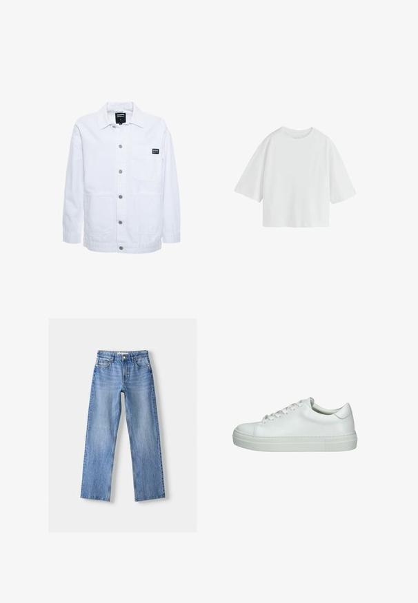 Dr.Denim INA WORKER - Lichte jas - white; Effen witte oversized T-shirt met korte mouwen, een ronde hals en een losse pasvorm.; Lichtblauwe denim jeans met een rechte pasvorm, voorzien van vijf zakken, een knoopsluiting aan de voorkant en subtiele vervaging voor textuur.; Witte leren sneaker met een gladde textuur, ronde teen, platte rubberen zool en zes oogjes voor veters. Minimalistisch design zonder extra accenten.