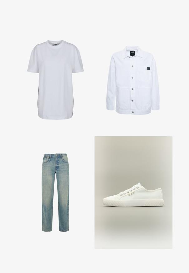 Dr.Denim INA WORKER - Lichte jas - white; Effen wit T-shirt met korte mouwen en ronde hals, met een rechte zoom en een klein zichtbaar merklabel binnenin de kraag.; Lichtblauwe jeans van denim, met een recht-pijpen ontwerp, vijf zakken en een knoopsluiting bij de taille. Versleten details zijn zichtbaar.; Witte lage canvas sneaker met een getextureerde rubberen zool, witte veters en een klein Calvin Klein-label aan de zijkant.