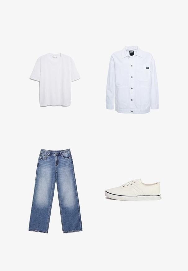 Dr.Denim INA WORKER - Leichte Jacke - white; Weißes Baumwoll-T-Shirt mit kurzen Ärmeln, runder Halslinie und lockerer Passform. Keine sichtbaren Muster oder Logos. Glatte Textur.; Blaue Jeans aus Denim mit hoher Taille, weitem Bein, vorderen Taschen und ausgewaschenen Bereichen an den Oberschenkeln, flach auf einem weißen Hintergrund liegend.; Weiße Leinenschuhe mit einem flachen Design, runder Zehenpartie, sechs Ösen, marineblauem Akzentstreifen und strukturiertem Gummisohlen.