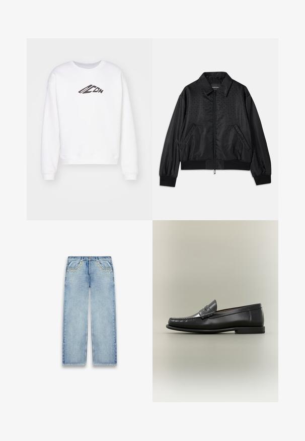 Veste bomber noire avec zip, dotée d'une finition satiné lisse, de poches latérales et d'un motif à pois sur le devant. Manches et ourlet côtelés.; Sweat-shirt blanc à col rond, avec un logo "ICON" noir imprimé à l'avant. Il a une coupe décontractée et des poignets côtelés aux manches.; Jean denim bleu clair à jambes larges avec poches avant ornées de détails en perles et strass éparpillés.; Mocassin pour homme en cuir noir avec un design moc-toe, une lanière à monnaie et un talon bas sur un fond neutre.