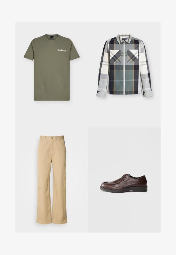 Chemise zippée à manches longues avec un grand motif à carreaux multicolores en vert, noir, gris, blanc et beige, avec deux poches poitrine à l'avant et un col.; T-shirt manches courtes vert olive avec logo blanc "Barbour" sur la poitrine gauche.; Pantalon large beige en mélange coton. Fermeture par bouton et passants de ceinture. Texture lisse, avec des détails de couture minimaux.; Chaussure habillée en cuir marron avec un bout arrondi, des accents de couture minimum, et une semelle noire robuste. Présente un système de laçage et une texture lisse.