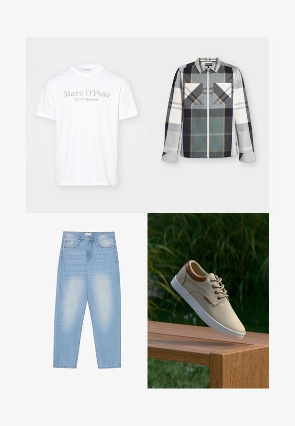 Hemd met lange mouwen en rits, met een groot meerkleurig ruitpatroon in groen, zwart, grijs, wit en beige, voorzien van twee borstzakken aan de voorkant en een kraag.; Witte katoenen T-shirt met een ronde hals, korte mouwen en grijze opdruk met de tekst "Marc O'Polo EST. IN STOCKHOLM."; Lichtblauwe denim jeans met een relaxte pasvorm, uitgerust met vijf zakken, subtiele vervaging en stiksels langs de naden.; Beige canvas sneaker met bruine leren accenten, ronde veters, een witte rubberen zool en een gestructureerd oppervlak, tentoongesteld op een houten oppervlak.