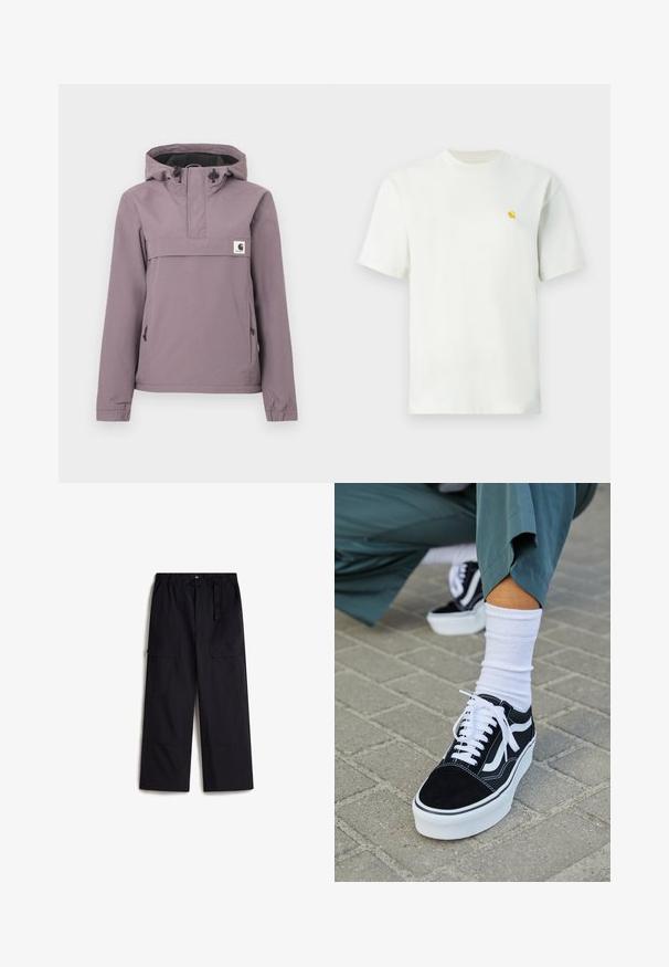 Anorak de color púrpura claro con capucha, bolsillo frontal, cordón ajustable y puños elásticos. Fabricado con un material suave e impermeable.; Camiseta blanca de manga corta y cuello redondo con un pequeño logo amarillo en el lado izquierdo del pecho, exhibida sobre un fondo sencillo.; Pantalones cargo negros con una cintura elástica, cinturón ajustable y dos bolsillos laterales. Hechos de una tela ligera y texturizada.; Zapatillas de ante negro con acentos y cordones blancos, que cuentan con una gruesa suela blanca y costuras en contraste, combinadas con un calcetín blanco.
