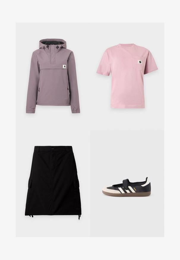 Lyse lilla anorakjakke med hætte, frontlomme, snøre og elastiske manchetter. Fremstillet af et glat, vandtæt materiale.; Lyserød T-shirt med korte ærmer og en lomme på venstre bryst med et lille Carhartt-logo.; Sort cargo-nederdel lavet af bomuldsblandingsstof med lige snit, med sidelommer, forreste knaplukning og justerbar snor i kanten.; Sort og beige sko med velcrolukning, tre hvide striber på siden og en tekstureret brun gummisål. Mærkelogo er synligt.