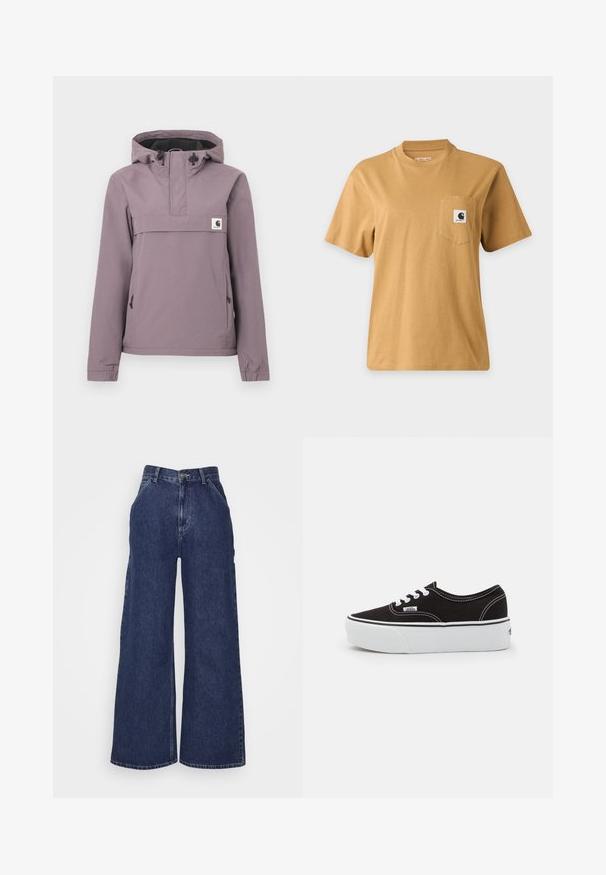 Lyse lilla anorakjakke med hætte, frontlomme, snøre og elastiske manchetter. Fremstillet af et glat, vandtæt materiale.; Enkelt brun kortærmet t-shirt med en brystlomme med en firkantet mærkelogo-patch, vist på en ensartet lys baggrund.; Bredde denimjeans i mørkeblå, med høj talje, for- og baglommer samt lynlås med metalknap. Glat tekstur og klassisk design.; Sort lærred sneakers med en hvid gummi platform sål, der har hvide snørebånd og syninger, ikonisk branding på siden, lav-top design.