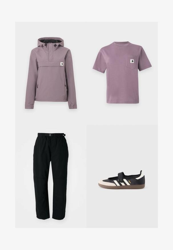 Anorak de color púrpura claro con capucha, bolsillo frontal, cordón ajustable y puños elásticos. Fabricado con un material suave e impermeable.; Camiseta de algodón lila con cuello redondo, mangas cortas y un bolsillo en el pecho izquierdo que presenta una etiqueta con logo. Textura suave, corte casual.; Pantalones ligeros negros con cinturilla elástica y cinturón ajustable. Cuentan con piernas estrechas y paneles de rodilla reforzados para mayor durabilidad.; Zapatilla negra y beige con una correa de velcro, tres rayas blancas en el lateral y una suela de goma marrón texturizada. Logotipo de la marca visible.