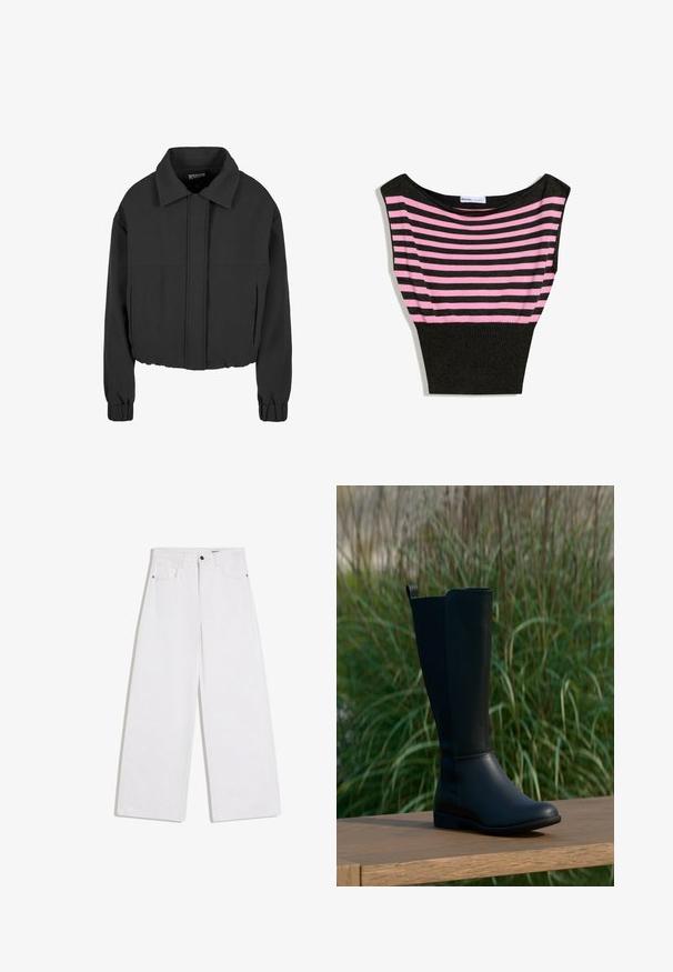 Schwarze, verkürzte Jacke mit langen Ärmeln, elastischen Bündchen, weitem Kragen, verstecktem Frontreißverschluss und zwei Seitentaschen.; Ärmelloses Oberteil mit horizontalen rosa und dunkelgrauen Streifen im oberen Bereich und einem einfarbig dunkelgrauen, gerippten unteren Abschnitt.; Weiße Jeans mit weitem Bein, vorderen Taschen, Gürtelschlaufen und Knopfverschluss an der Taille.; Schwarzer kniehoher Stiefel aus glattem Leder mit rundem Zehenbereich und flacher Sohle. Verfügt über ein schlichtes Design mit einer Zuglasche oben.