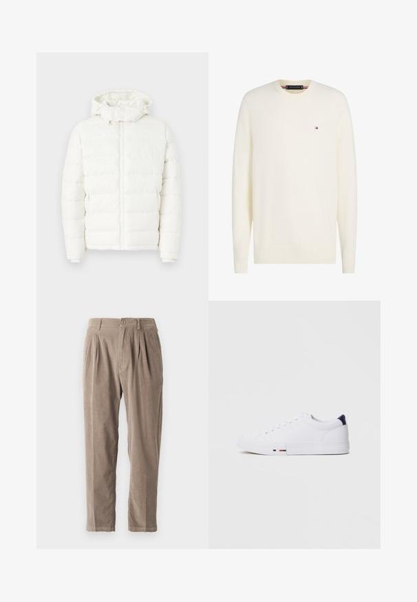Hvid pufferjakke med lynlås foran, snøre i hætten og elastiske manchetter. Har vandret quiltet design og to lynlåslommer på siden.; Kremfarvet langærmet crew neck trøje med lille Tommy Hilfiger flag logo på venstre bryst og ribstrikkede manchetter og kant.; Beige corduroy bukser med en afslappet pasform, der har plisseringer, knaplukning og sidelommer, tekstureret overflade og tapered bendesign.; Hvide low-top sneakers med en glat canvas-overdel, rund tå, flade snørebånd og en struktureret sål. Har et marineblåt hælakkent og farveblokdetaljer.