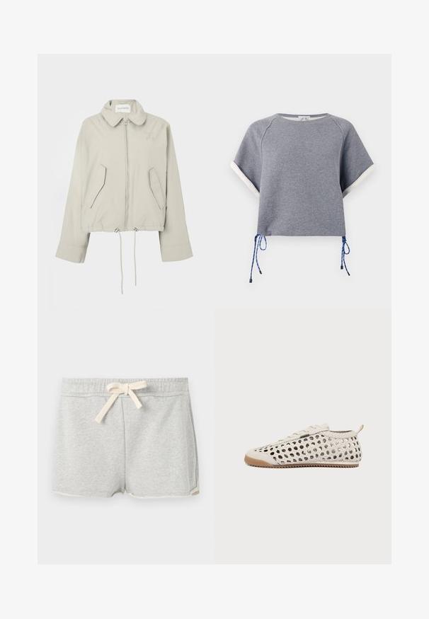 Veste courte gris clair avec col, fermeture éclair devant, deux poches et ourlet à cordon de serrage. Présente une broderie discrète du logo sur la poitrine.; Haut gris à manches courtes avec col rond, bordure blanche aux manches et cordons bleus à l’ourlet, présenté sur fond blanc.; Shorts en coton gris avec une taille élastique et un cordon de serrage, présentant une texture lisse et un design simple. Les ourlets sont légèrement incurvés.; Baskets en cuir tissé blanc avec semelle en gomme, lacets à l’avant et languette au talon, vues de l’intérieur sur fond blanc.
