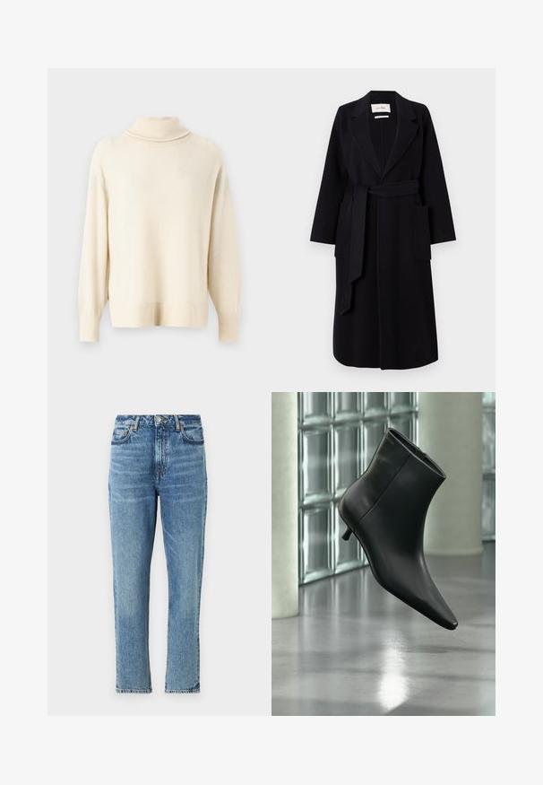 Schwarzer Wollmischungs-Mantel mit Reverskragen, Taillengürtel und zwei seitlichen Taschen. Lange Ärmel und gerade Silhouette.; Hellbeige Rollkragenpullover aus weichem Stoff. Verfügt über Raglanärmel sowie gerippte Bündchen und Saum. Einfaches, schmuckloses Design.; Hellblaue Denim-Jeans mit hoher Taille, geradem Bein Design und verblasster Textur. Mit silbernem Hardware und kontrastierenden Nähten.; Schwarzer Leder-Stiefelette mit spitzer Zehenpartie und niedrigem Kitten-Heel, schräg dargestellt vor einem polierten Boden und einer Glasbausteinwand.