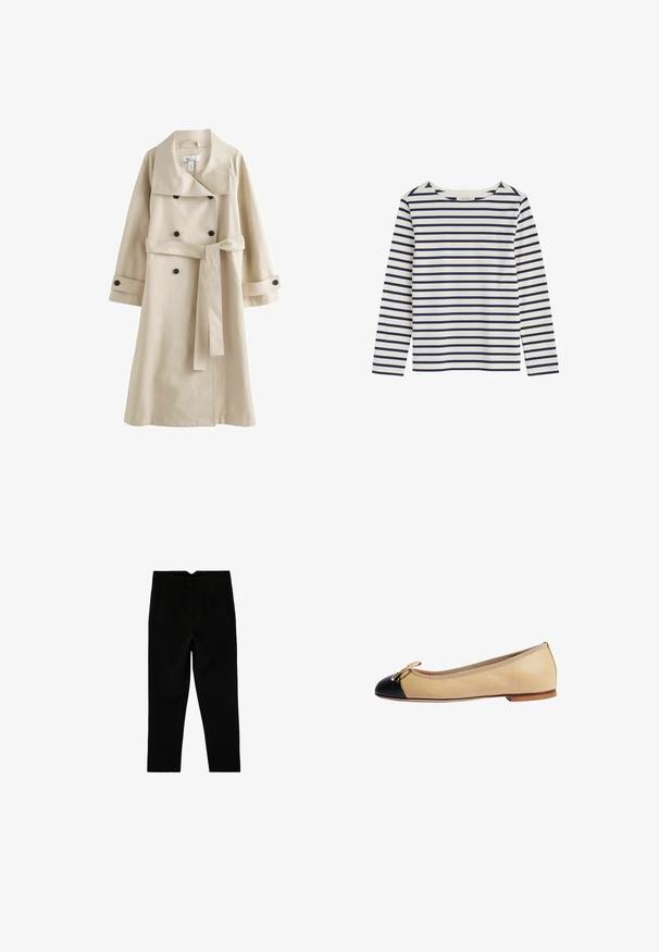 Beige trenchcoat van een gladde stof, met een brede kraag, dubbele knopenrij aan de voorkant met zwarte knopen, en een strikceintuur in de taille.; Wit shirt met lange mouwen en horizontale marineblauwe strepen, met een ronde hals, plat neergelegd op een witte achtergrond.; Zwarte op maat gemaakte broek tot aan de enkel met zijzakken en een licht taps toelopende pijp, plat liggend op een witte achtergrond.; Beige leren balletschoenen met zwarte neus, gouden strikaccent en getextureerde rand langs de opening. Platte zool voor gemakkelijk lopen.