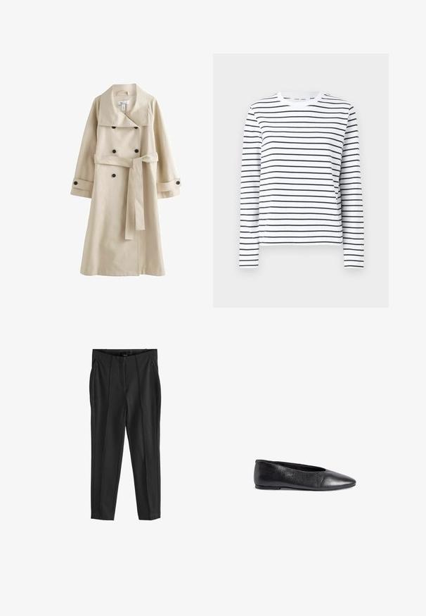Beige trenchcoat lavet af et glat materiale, med en bred krave, dobbeltknappet front med sorte knapper og et bælte, der bindes om taljen.; Langærmet skjorte i hvid bomuld med sorte horisontale striber. Har en rund halsudskæring og en afslappet pasform. Ingen bemærkelsesværdige accenter eller mønstre.; Sorte tapered bukser med en glat tekstur, der har to forreste lynlås lommer og fold i fronten for en struktureret design.; Sort læderballetsko med spids tå, glat tekstur, minimalistisk design og en svag hæl for stabilitet.