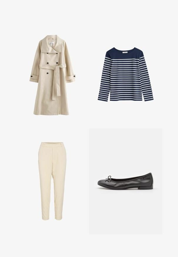Beige trenchcoat van een gladde stof, met een brede kraag, dubbele knopenrij aan de voorkant met zwarte knopen, en een strikceintuur in de taille.; Marineblauw longsleeve shirt met witte horizontale strepen. Ronde halslijn, zachte stof, losse pasvorm en geen zichtbare hardware of versieringen.; Lichtbeige broek met een rechte snit, elastische tailleband en twee voorplooien. Zacht, soepel stof met een nette afwerking.; Zwarte leren ballerina's met een ronde neus, een klein strikaccent aan de voorkant en een lage, rechthoekige hak. Gladde textuur.