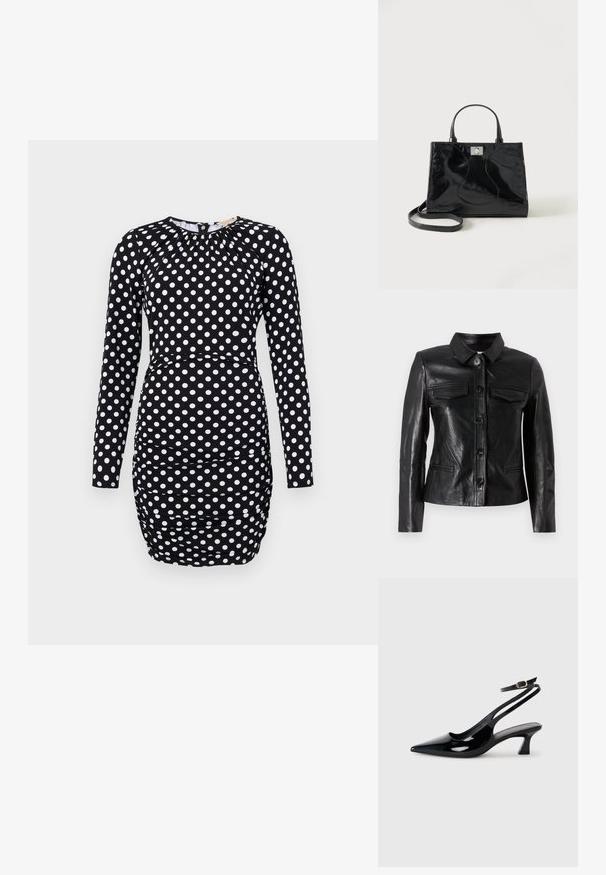 Schwarze Lederjacke mit Kragen, vorderer Knopfverschluss, zwei Brusttaschen und Seitentaschen. Glatte Textur mit taillierter Silhouette.; Langarmkleid aus schwarzem Stoff mit weißen Punkten, mit gerafften Details und einer taillierten Silhouette. Glatte Textur, Oberschenkel-lange.; Schwarze Lackleder Slingback-Absätze mit spitzem Schuhblatt, niedrigem Blockabsatz und verstellbarem Knöchelriemen mit goldener Schnalle.; Schwarze Handtasche aus Lackleder mit abgerundeten Griffen, abnehmbarem Schulterriemen und silberner Verschlussklammer auf einfachem weißem Hintergrund.