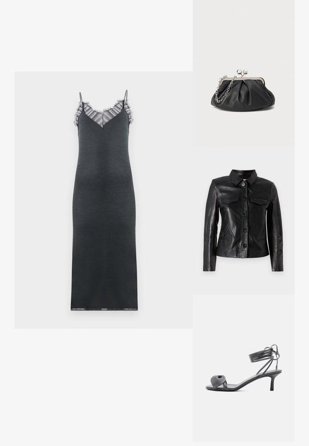 Zwarte leren jas met een kraag, sluiting met knopen aan de voorkant, twee borstzakken en zijzakken. Glad textuur met een getailleerde silhouet.; Donkergrijze mouwloze jurk met een aansluitende pasvorm, voorzien van een ruches kantafwerking langs de V-hals en een zachte textuur.; Grijze leren sandaal met hak, voorzien van een geknoopte band bij de tenen en wikkellinten rond de enkel op een slanke sandaal met een middenhoge hak, tegen een witte achtergrond.; Zwarte leren clutch met geplooide textuur, zilverkleurig metalen frame, drukknopsluiting en kettingriem. Glad, zacht oppervlak.