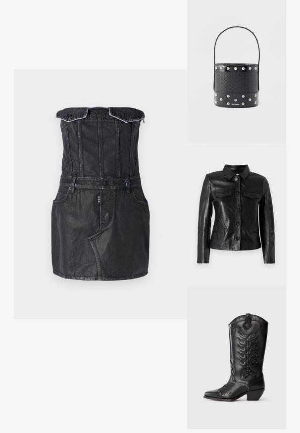 Zwarte leren jas met een kraag, sluiting met knopen aan de voorkant, twee borstzakken en zijzakken. Glad textuur met een getailleerde silhouet.; Zwarte denim jurk met een aansluitende top, off-the-shoulder ontwerp, vo pockets en contrasterende stiksels. Glad textuur met een lichte glans.; Zwarte leren cowboylaars met gouden studs, puntige neus, decoratief stikwerk en een korte blokhak. Reliëf van een bladmotief op de schacht.; Zwarte emmertas met geweven textuur, zilverkleurige studaccenten en een slank handvat. Voorzien van merklogo aan de voorkant en een glad leren bodem.