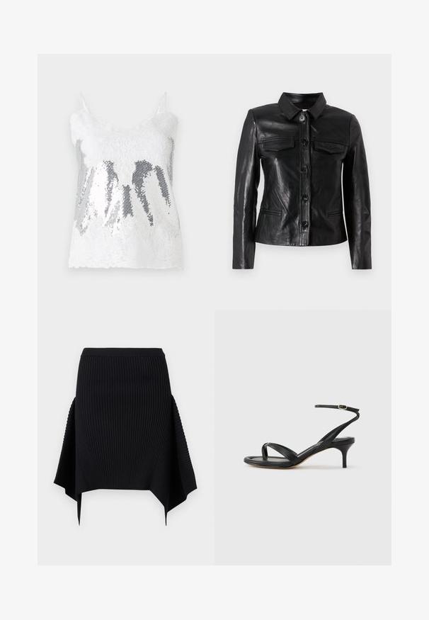 Veste en cuir noir avec un col, fermeture par boutons sur le devant, deux poches poitrine et des poches latérales. Texture lisse avec une silhouette ajustée.; Débardeur en dentelle blanche avec un corsage en sequins argentés créant un effet dégradé. Bretelles fines ajustables et ourlet en dentelle festonnée.; Jupe noire en maille côtelée avec ourlet en mouchoir asymétrique et taille cintrée, sur fond blanc uni.; Sandale pour femme en cuir noir avec fines lanières, une boucle d'orteil, une boucle à la cheville et un talon aiguille de hauteur moyenne sur un fond neutre.