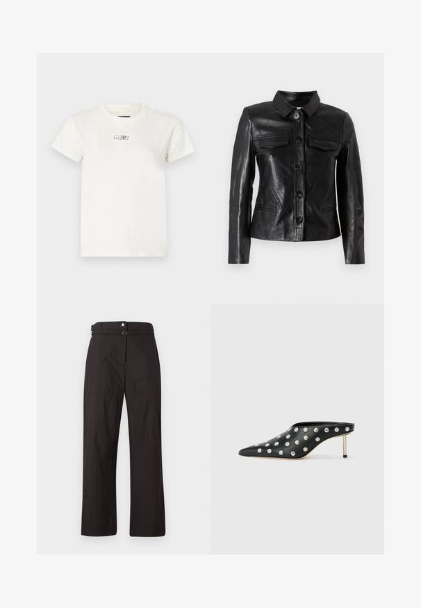 Schwarze Lederjacke mit Kragen, vorderer Knopfverschluss, zwei Brusttaschen und Seitentaschen. Glatte Textur mit taillierter Silhouette.; Weiße Baumwoll-T-Shirt mit kurzen Ärmeln, Rundhalsausschnitt und einem rechteckigen schwarzen Drucklabel auf der Vorderseite, das Zahlen und Symbole zeigt.; Schwarze Weitbeine-Hosen mit glatter Textur, ausgestattet mit einem Knopfverschluss und einem Gürtelschlaufen an der Taille. Enthält dezente Nähte.; STAND STUDIO KELSEY - Pantolette hoch - black