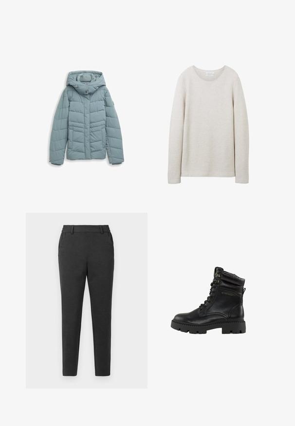 Polstret jakke i lys teal med hætte, frontlukning med trykknapper, lodrette og vandrette quiltede mønstre samt elastiske mansjetter.; Lys beige langærmet sweater med rund halsudskæring, tekstureret ribbet design og lige kant. Blødt stof med subtile striber.; Mørkegrå slim-fit bukser med bæltestropper, sidelommer og en tapered ben-design på en ensfarvet lys baggrund.; Sorte snørestøvler med en blank læderfinish, polstret krave og kraftig gummisål. Udstyret med metal-øjer og branding på siden.
