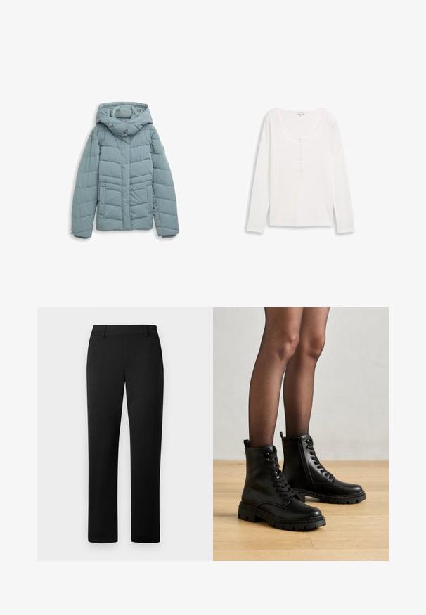 Veste rembourrée en bleu clair, avec une capuche, fermeture à boutons-pression sur le devant, motifs quiltés verticaux et horizontaux, et poignets élastiques.; Haut long à manches blanches avec un col rond et un plastron de boutons partiel. Texture douce, design ajusté et style minimaliste.; Pantalon noir avec une coupe droite, fabriqué dans un tissu lisse, doté d'une taille ajustée et de poches avant.; Anna Field by Zalando Bottines à lacets - black