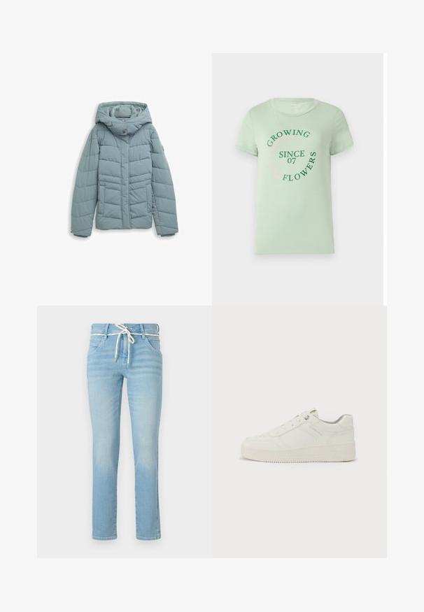 Gevoerde jas in licht teal, met een capuchon, een sluiting met drukknopen aan de voorkant, verticale en horizontale gestikte patronen, en elastische mouwen.; Lichtgroene katoenen T-shirt met korte mouwen. De voorkant heeft cirkelvormige tekst: "Bloemen Groeien Sinds 07" in groen en roze. Rond de hals.; lichtblauwe denim jeans met een rechte pijp, voorzien van een witte trekkoord in de taille en subtiele vervagingen overal.; Witte sneaker met een gladde leren buitenkant, ronde neus, zes oogjes, gevoerde kraag en een gestructureerde rubberen zool. Subtiel merkembleem aan de zijkant.