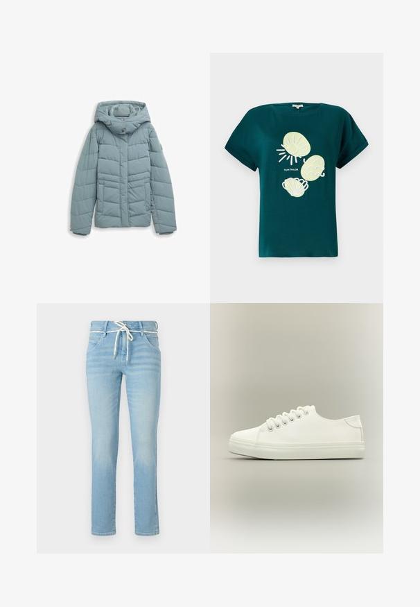 Gevoerde jas in licht teal, met een capuchon, een sluiting met drukknopen aan de voorkant, verticale en horizontale gestikte patronen, en elastische mouwen.; Teal katoenen t-shirt met een afbeelding van een zon en schelpen in lichtgeel en wit, met een relaxte pasvorm en opgerolde mouwen.; lichtblauwe denim jeans met een rechte pijp, voorzien van een witte trekkoord in de taille en subtiele vervagingen overal.; Witte lage sneaker met witte veters en rubberen zool, zijaanzicht op een neutrale achtergrond.