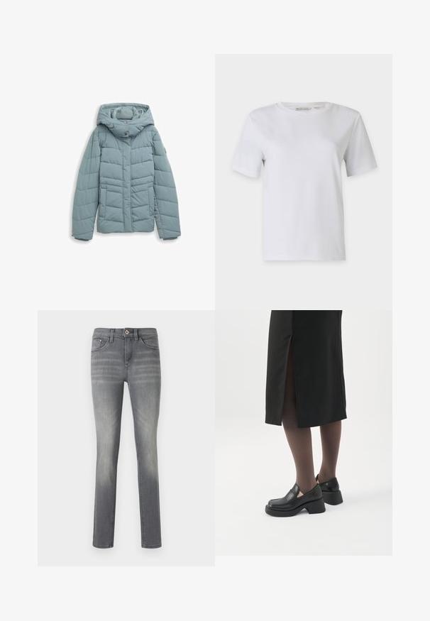 Geplüschte Jacke in hellem Teal, mit Kapuze, vorderem Druckknopfverschluss, vertikalen und horizontalen Steppmuster sowie elastischen Bündchen.; Weißes T-Shirt mit kurzen Ärmeln aus glattem Baumwollstoff. Verfügt über einen Rundhalsausschnitt und einen geraden Saum, ohne Muster oder Verzierungen.; Graue Denim-Jeans im Slim-Fit, mit einem ausgewaschenen Look, fünf Taschen, einem Knopfverschluss und dezenten Nähdetails.; Frau trägt schwarze Loafers mit klobigem Absatz, schwarze transparente Strumpfhosen und einen schwarzen Rock mit Schlitz hinten vor weißem Hintergrund.