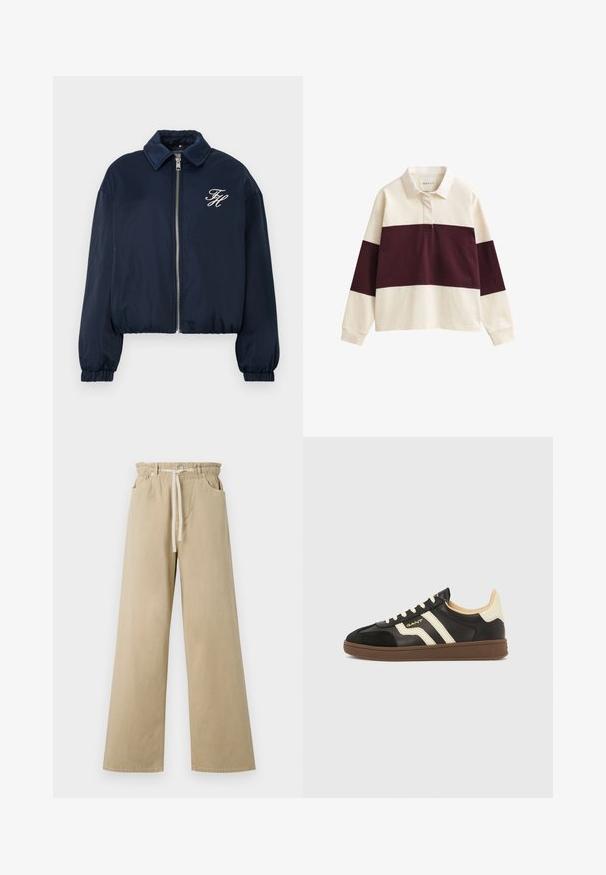 Marineblaue Zip-Jacke mit elastischen Bündchen, Kragen und weißen gestickten Initialen "FH" auf der linken Brust.; Langarm-Rugbyshirt mit cremefarbenen und dunkel kastanienbraunen horizontalen Streifen, Kragen und Knopfleiste.; Beige weit geschnittene Hose aus Baumwolle mit elastischem Bund und Kordelzug. Verfügt über zwei Seitentaschen und eine glatte Textur.; Schwarze Sneaker mit cremefarbenen Streifen, Obermaterial aus strukturiertem Leder und brauner Gummisohle. Verfügt über ein Schnürdesign und eine flache Silhouette.
