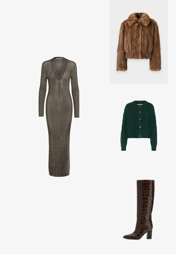 Brun faux fur cropped jakke med en rund krave, lange ærmer og en blød, tekstureret overflade. Ingen synlig hardware eller mønstre.; Grøn strikket cardigan med et struktureret mønster, rund halsudskæring og fem brune knapper foran. Korte ærmer, ribbede manchetter.; Langærmet, tætsiddende strikkjole med dyb V-udskæring i metallisk taupe farve, der strækker sig til anklerne.; Knæhøje brune læderstøvler med krokodillepræg, spidse tæer og kraftige hæl, der har en glat overflade og struktureret mønster.
