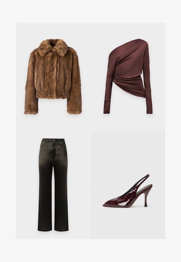 Brun faux fur cropped jakke med en rund krave, lange ærmer og en blød, tekstureret overflade. Ingen synlig hardware eller mønstre.; Asymmetrisk mørkebrun langærmet top med et-skulder-design og rynket stofdetalje på ensfarvet baggrund.; Bredde ben sorte satinbukser med høj talje, der har forlommer og metalliske knapdetaljer. Glat tekstur og elegant design.; NEOUS HAMAL - Højhælede pumps - dark chocolate