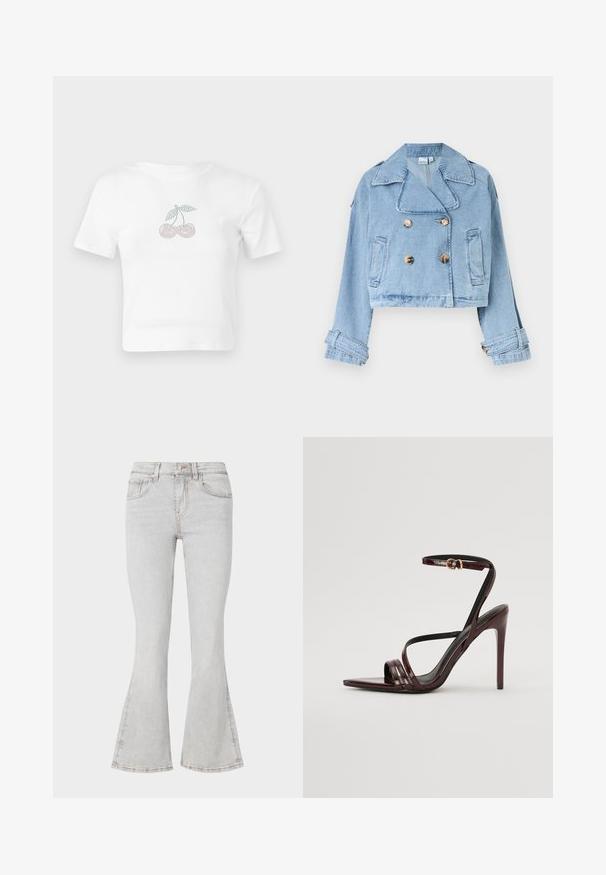 Vaaleansininen cropped-farkkutakki leveillä kauluskäänteillä, kaksirivisellä napituksella, etutaskuilla ja napitetuilla kalvosimilla pitkissä hihoissa.; Valkoinen puuvillainen lyhythihainen crop-top, jossa on edessä pinkki- ja vihreäpisteinen kirsikkakuvaus. Lyhyet hihat ja pyöreä pääntie.; Vaaleanharmaat leveälahkeiset farkut, joissa on klassinen viisi-taskuinen muotoilu, kapea malli reiden alueella ja leveät lahkeet nilkoissa.; Burgundy patentoitu nahkainen korkokenkä, jossa on nilkkaremmi, teräväkärkinen muotoilu ja kolme vaakaista remmiä jalkaterän yli. Kultaiseen sävyyn viimeistelty solki.