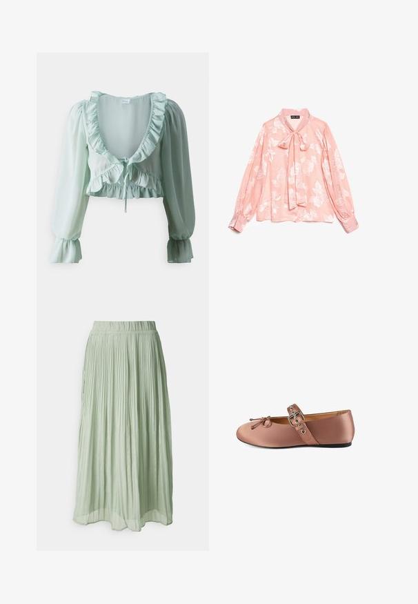 Blouse courte vert clair en tissu transparent, dotée de accents froncés, d'un décolleté plongeant, de manches longues bouffantes et d'un détail à cordon à la taille.; Blouse fleurie rose avec un col à nouer, manches longues bouffantes et finition satinée douce. Présente des motifs floraux en relief et des poignets.; Jupe midi plissée en tissu vert clair avec une texture douce. Taille élastique, design fluide et léger éclat partout.; Ballet flats en satin rose avec bout rond, nœud décoratif et bride de cheville avec boucle en argent et œillets. Semelle plate noire.
