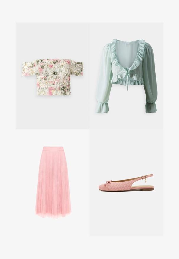 Blouse courte vert clair en tissu transparent, dotée de accents froncés, d'un décolleté plongeant, de manches longues bouffantes et d'un détail à cordon à la taille.; Haut floral décolleté en blanc avec des motifs froncés roses et verts. Fabriqué en tissu légèrement élastique pour un look ajusté.; zero MIT PLIESSENDEM BECHER - Jupe plissée - bridal rose; Chaussure slingback plate rose avec tissu texturé, nœud sur l’orteil arrondi, bride de cheville avec boucle dorée et breloque, et semelle basse marron.
