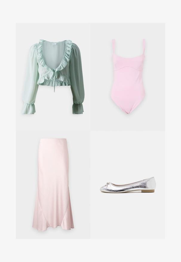 Blouse courte vert clair en tissu transparent, dotée de accents froncés, d'un décolleté plongeant, de manches longues bouffantes et d'un détail à cordon à la taille.; Good American TANK - Débardeur - flora; Jupe midi en satin rose clair avec une silhouette évasée en A et des détails subtils de coutures diagonales sur un fond uni.; Ballerines argentées avec une finition métallique, bout arrondi, accent de nœud à l'avant et un petit talon pour plus de confort.