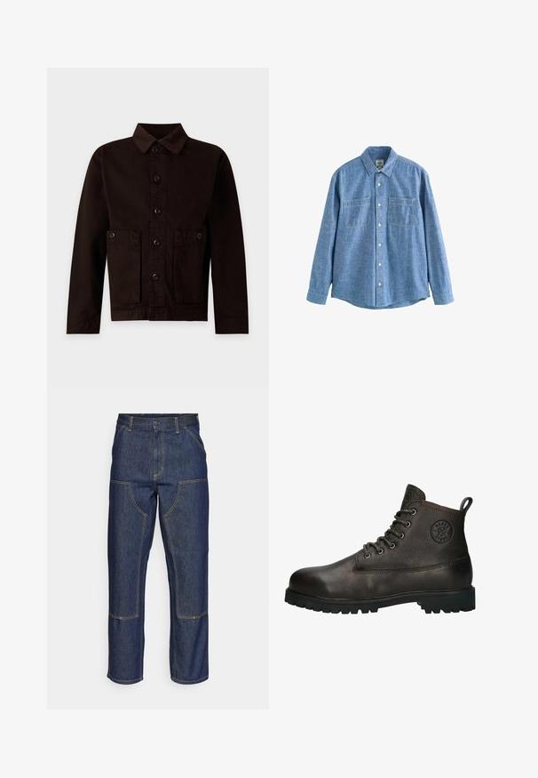 Donkerbruine jas met knopen, twee voorzakken met knopen en een klassieke kraag op een lichte achtergrond.; Blauw chambray overhemd met lange mouwen, knoopsluiting aan de voorkant en twee borstzakken, plat gelegd op een witte achtergrond.; Donkerblauwe denim jeans met een hoge taille, rechte pijpen, contrasterende stiksels en opgestikte zakken aan de voorkant.; Bruine leren enkellaarsjes met een gestructureerde afwerking, ronde neus, metalen veterogen en een robuuste rubberen zool. Heeft een lusvormige trekker aan de achterkant.