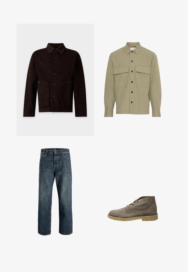 Chaqueta marrón oscuro abotonada con dos bolsillos delanteros con botones y un cuello clásico sobre un fondo claro.; Camisa verde de botones confeccionada en un tejido texturizado, con cuello, dos bolsillos en el pecho y botones marrones. Manga larga con puños abotonados.; Jeans de mezclilla en azul oscuro con un corte suelto, que cuentan con un diseño de cinco bolsillos, cierre de botón y cremallera, y detalles de costura visibles.; Selected Chukka Suede - Botines con cordones - almondine